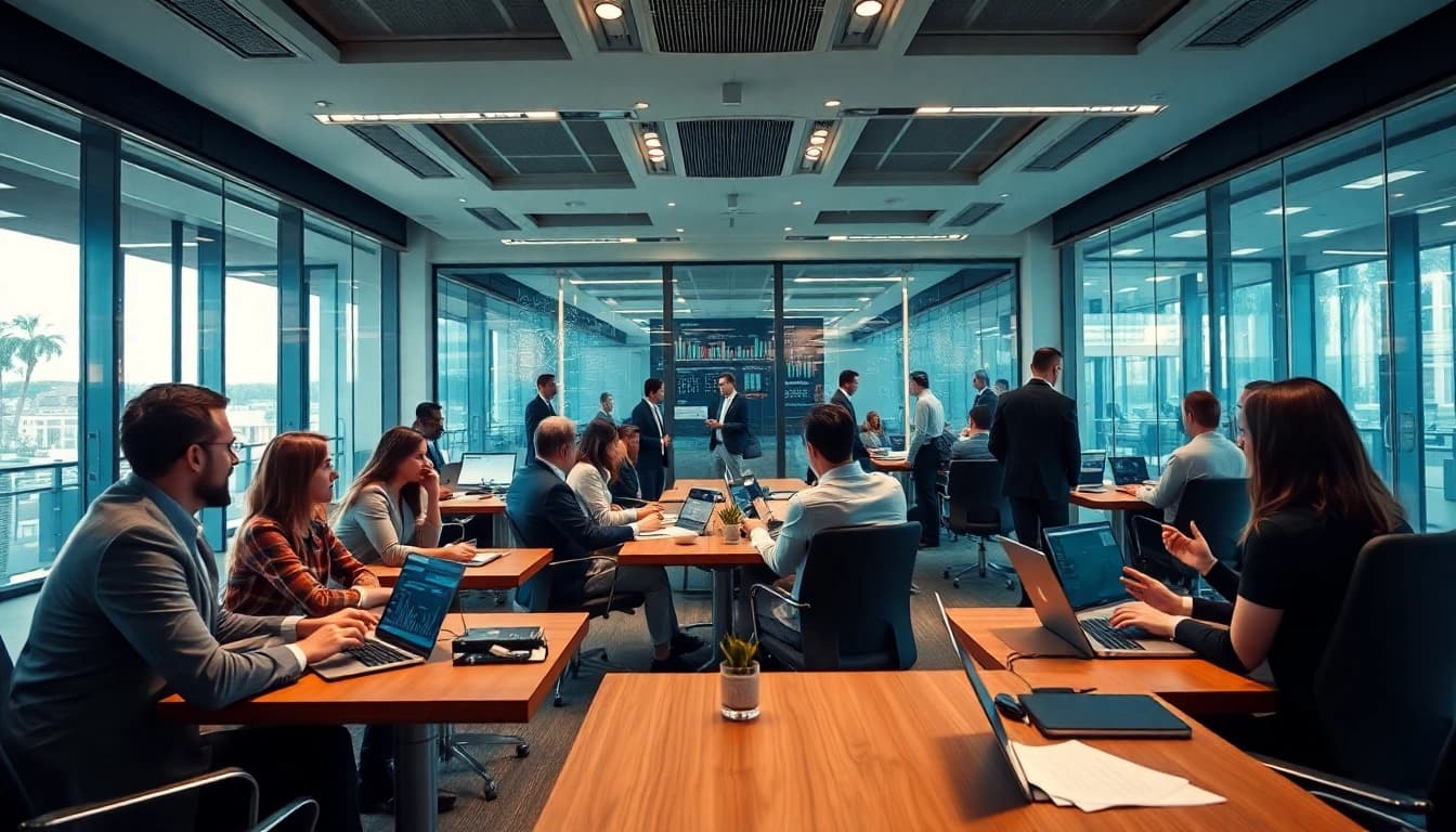 Professional office scene showcasing teamwork around financial data analysis with 33WIN branding.