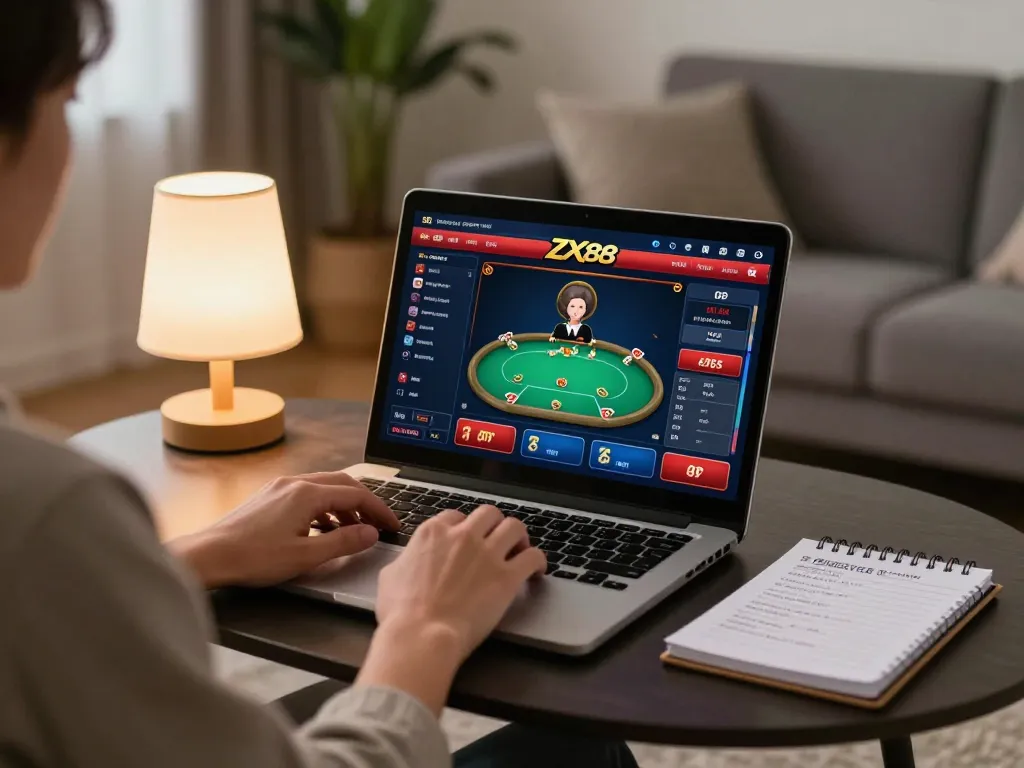 Player enjoying ZX88 online casino game on laptop in a cozy living room setting.