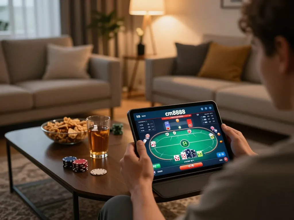 Player engaging in online gambling on cm8888 app, showcasing strategic gameplay elements and a cozy home atmosphere