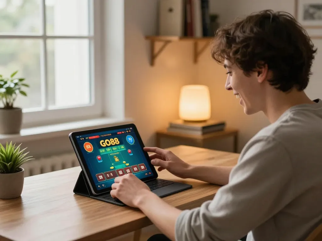 Engaged player enjoying GO88 online casino games on their tablet for strategic betting.