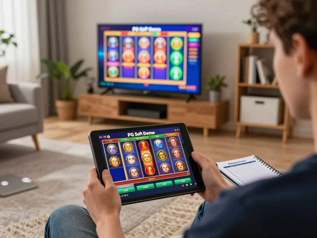 Bermain slot PG Soft Demo yang menarik di tablet di ruang tamu yang nyaman.