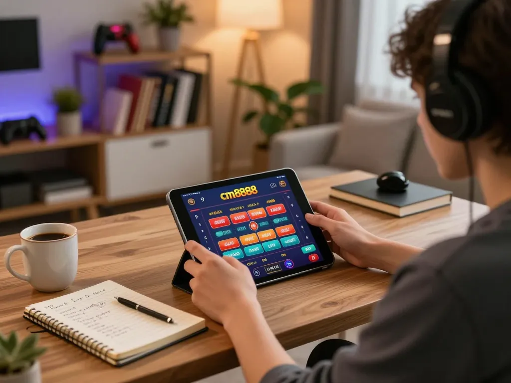 Person engaging with cm8888 online casino on tablet in a cozy home setting, highlighting strategic gameplay.