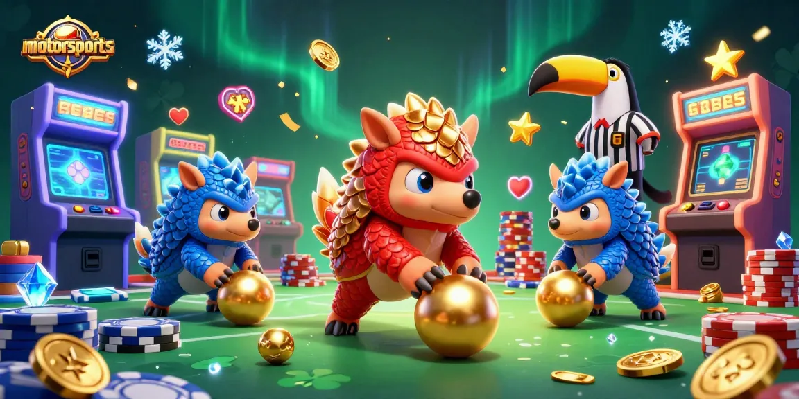 Engage in motorsports excitement with 3D pangolins rolling golden balls through poker chips while gaming.