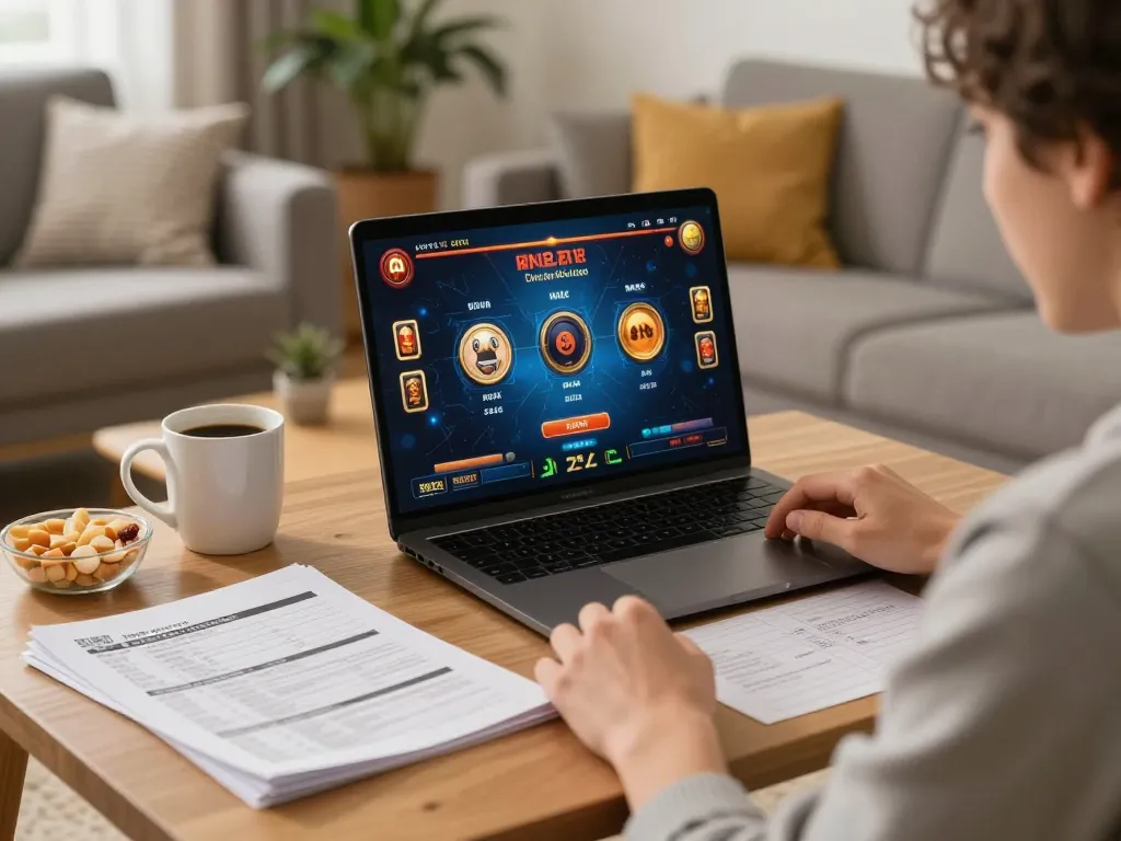 Engaging with slot online gaming at home, with strategic notes and snacks in view.