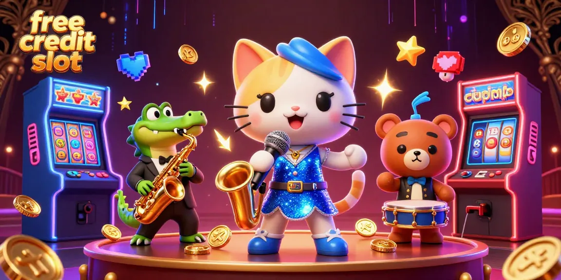 Experience the excitement of a free credit slot with engaging characters in a lively casino atmosphere.