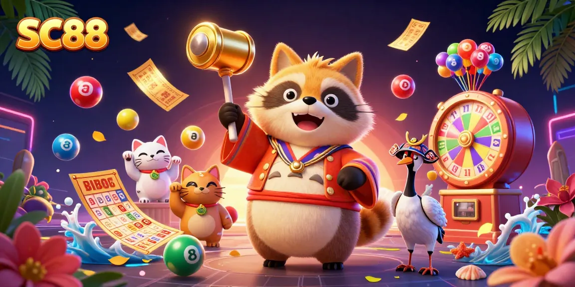 Experience winning vibes with SC88's vibrant raccoon and fortune cats in a dynamic casino scene