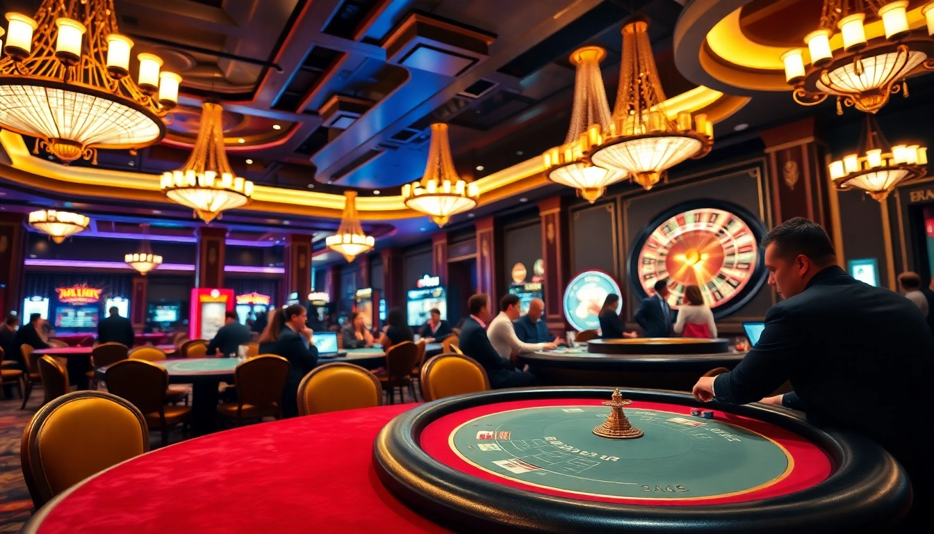 Engaging casino scene with players at tables showcasing excitement and vibrant decor.