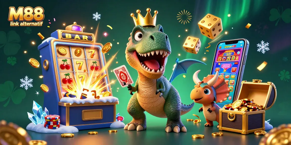 M88 link alternatif showcases a fun, dynamic casino scene with animated characters and vibrant game elements.