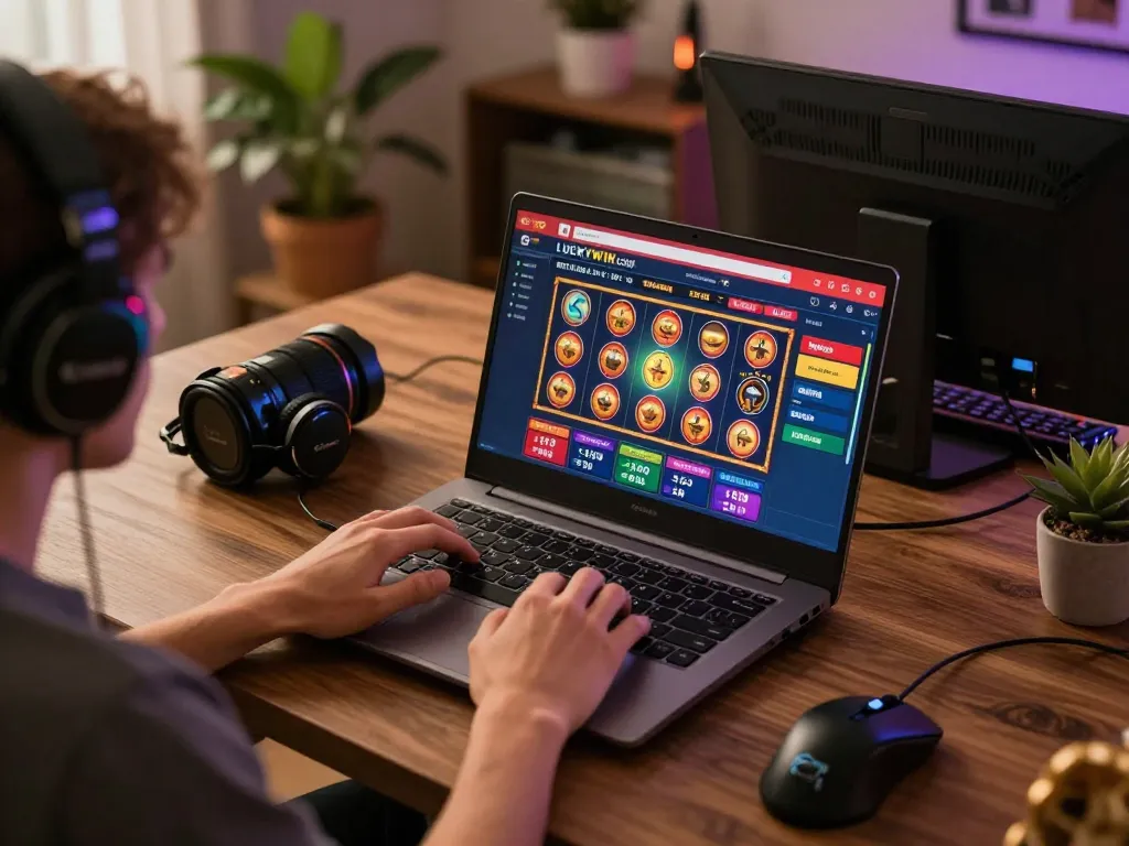 Player enjoying online casino games on LUCKYWIN.COM from a cozy gaming setup.