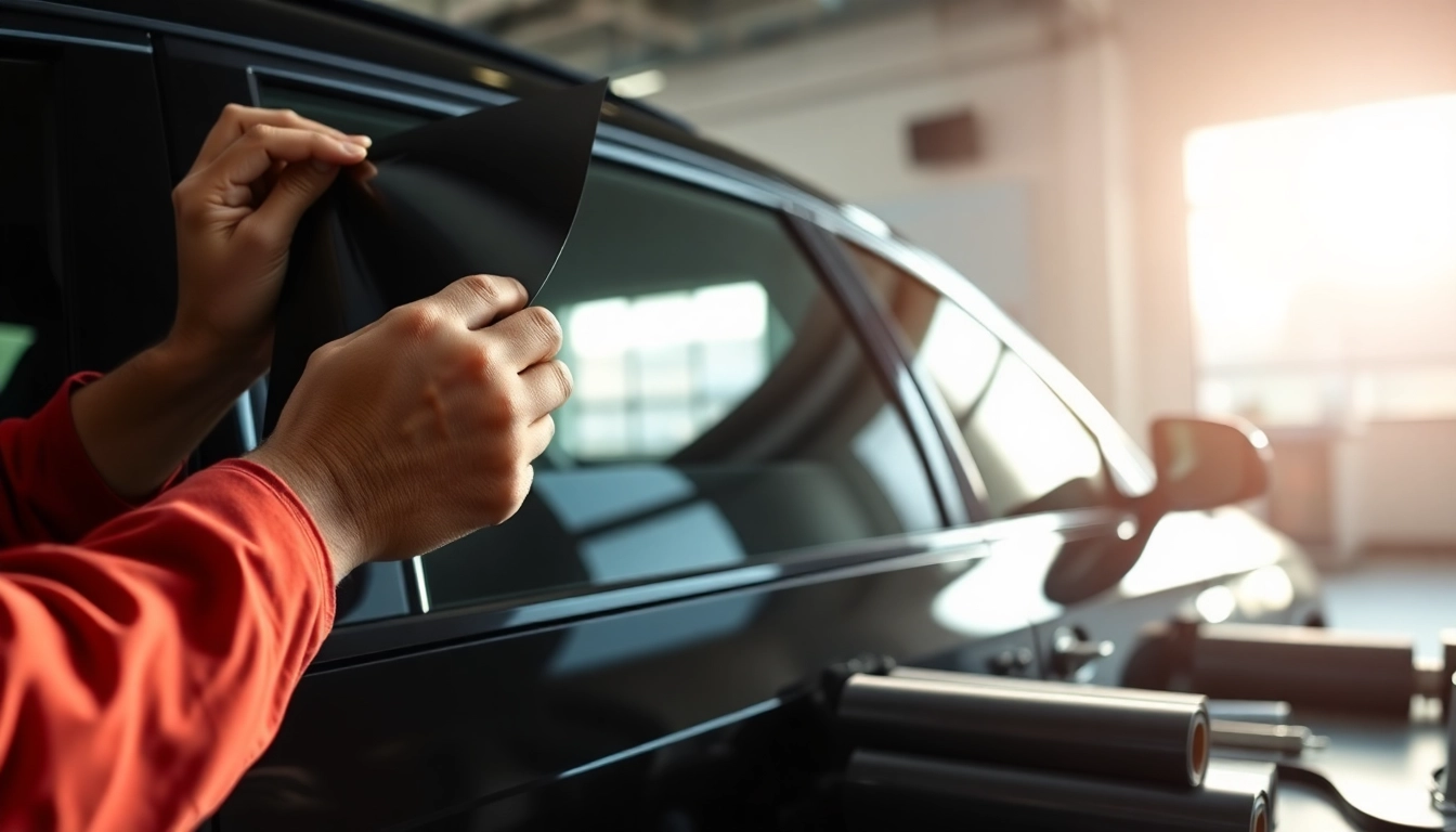 Apply auto window tint near me with expert precision in a bright garage setting.