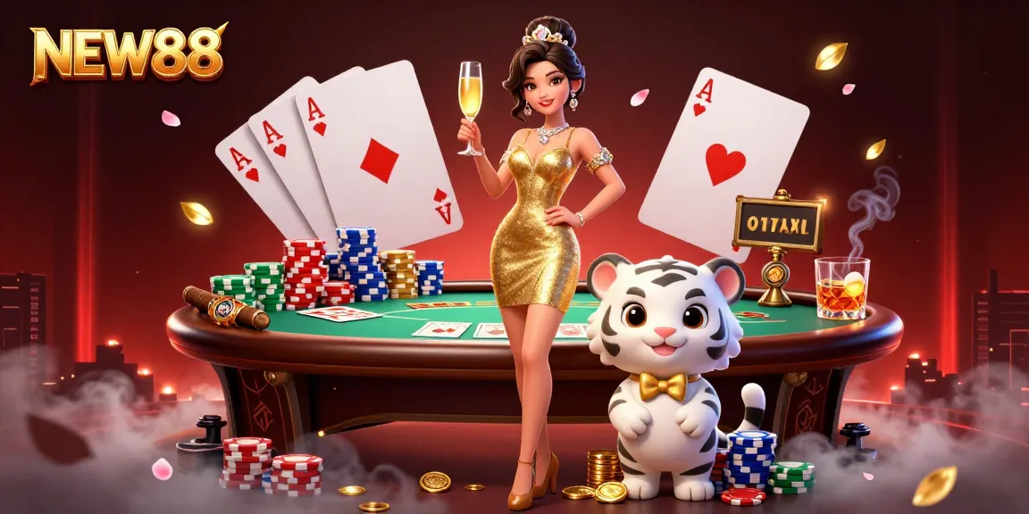 Engage in the lively atmosphere of NEW88 with a glamorous scene featuring stunning characters and gambling elements.