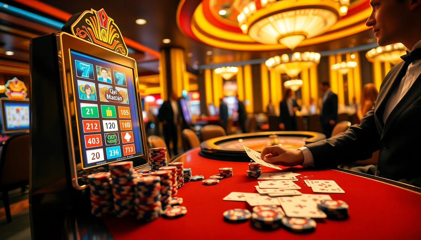 Engage with thrilling games at QQMacan's premier casino, showcasing luxurious slot machines and vibrant poker tables.