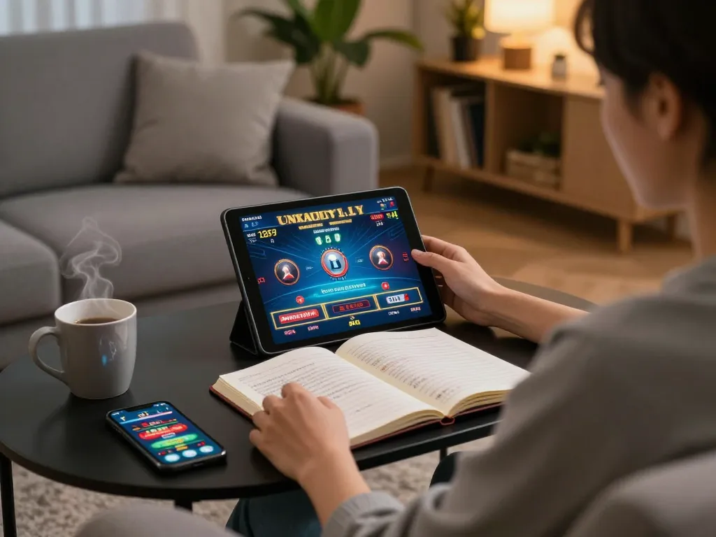 Player using tablet for online casinos not on gamstop while reviewing bankroll management notes at home.