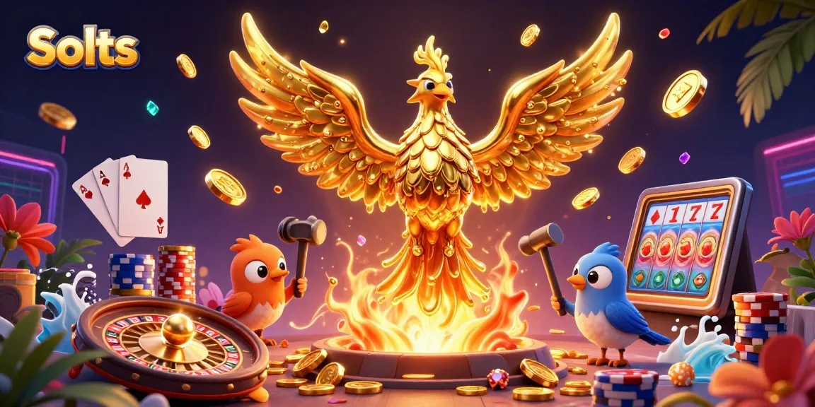 Experience thrilling Slots action with a golden phoenix and sparrows in a vibrant casino scene.