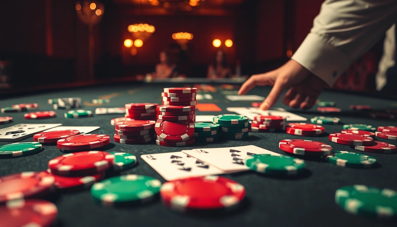 Arus hoki poker chips dan kartu bersinar di meja kasino yang menarik.