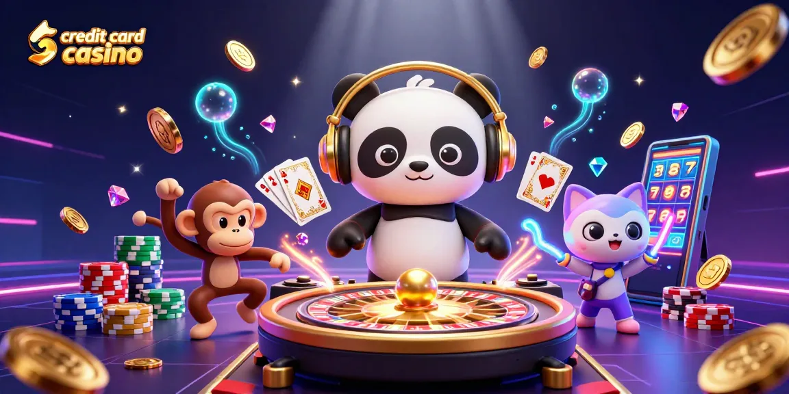Engage with vibrant action at the credit card casino featuring a DJ panda, dancing monkey, and glowing kitten.