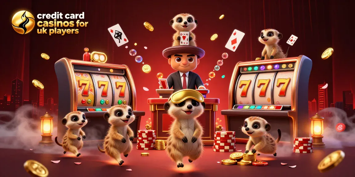 Engage with credit card casinos for UK players featuring vibrant meerkats in a casino scene with dynamic gaming elements.