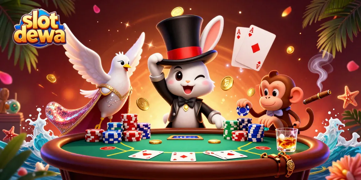 Taruhan jackpot slot dewa dengan karakter kartun menawan menarik koin emas, poker chips, dan permainan kasino yang menarik.