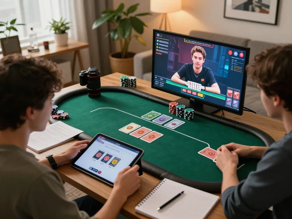 Smartcityhostels player strategizing online poker game while reviewing notes in cozy home environment.