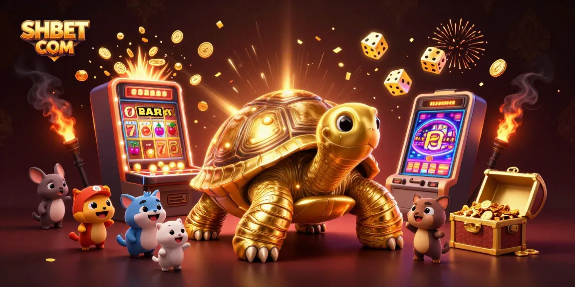 Experience excitement at SHBET COM with a dynamic scene featuring a golden tortoise pinball and slot machine.