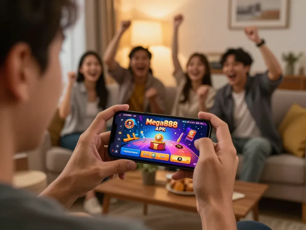 Mega888 APK download for android mobile shown on a smartphone amidst a lively gaming scene.