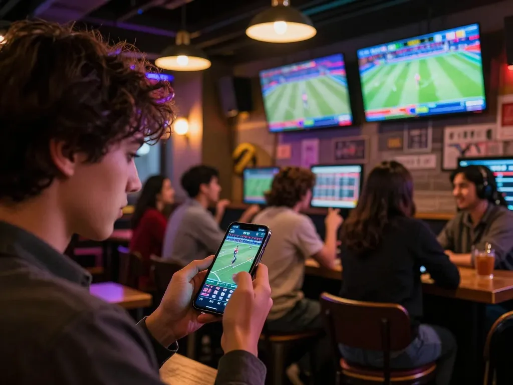Thể Thao MM99 sports betting action at a lively sports bar with multiple screens.
