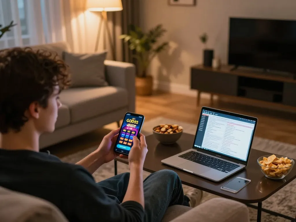 Engaging gameplay on the God55 app, showcasing a modern mobile casino experience in a cozy home setting.
