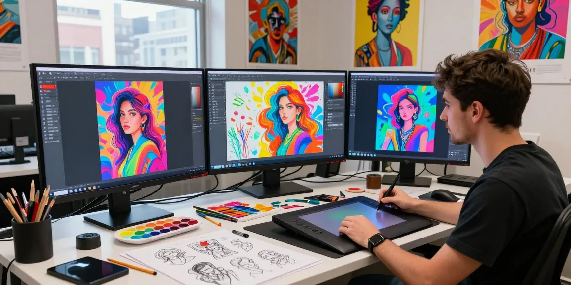 Engaging artist in a creative studio generating NSFW AI images with vibrant setups.