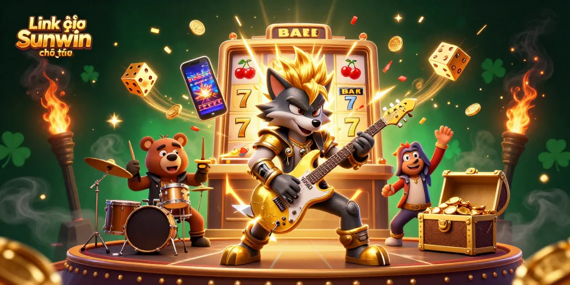 Link vào Sunwin chính thức showcases a vibrant 3D casino scene with characters and slot elements.