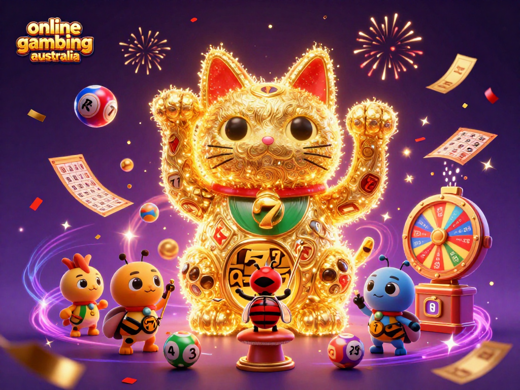 Engage in online gambling Australia with a dynamic illustration of casino elements and vibrant characters.