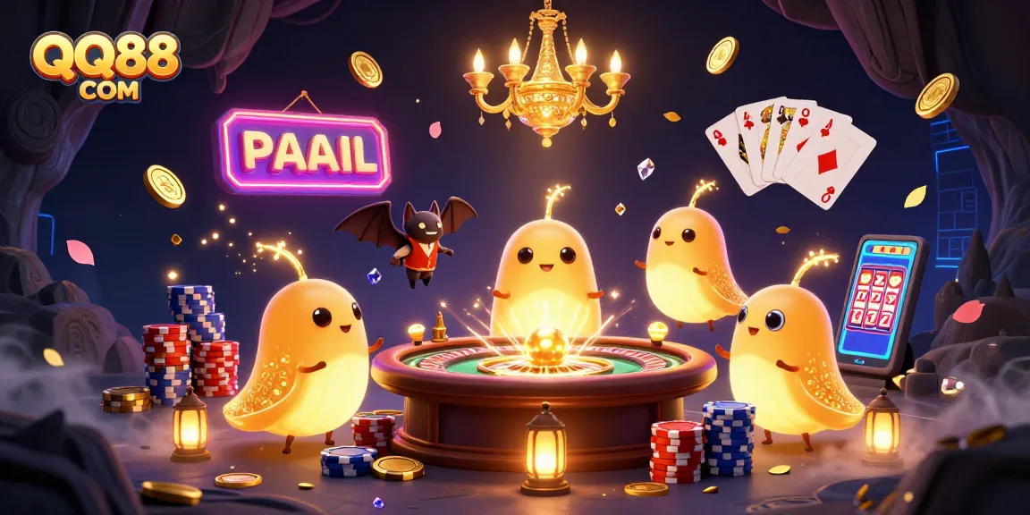 Experience the vibrant excitement of QQ88 COM with dazzling glowworms lighting up a lively casino scene.