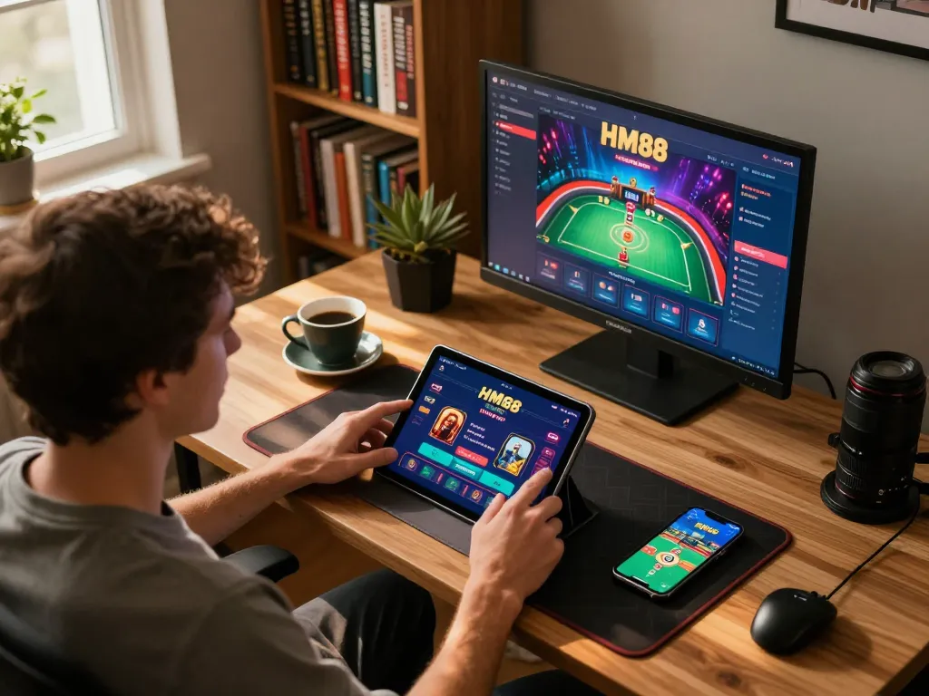 Player using the HM88 app for online gambling strategies at home, showcasing a cozy gaming setup.