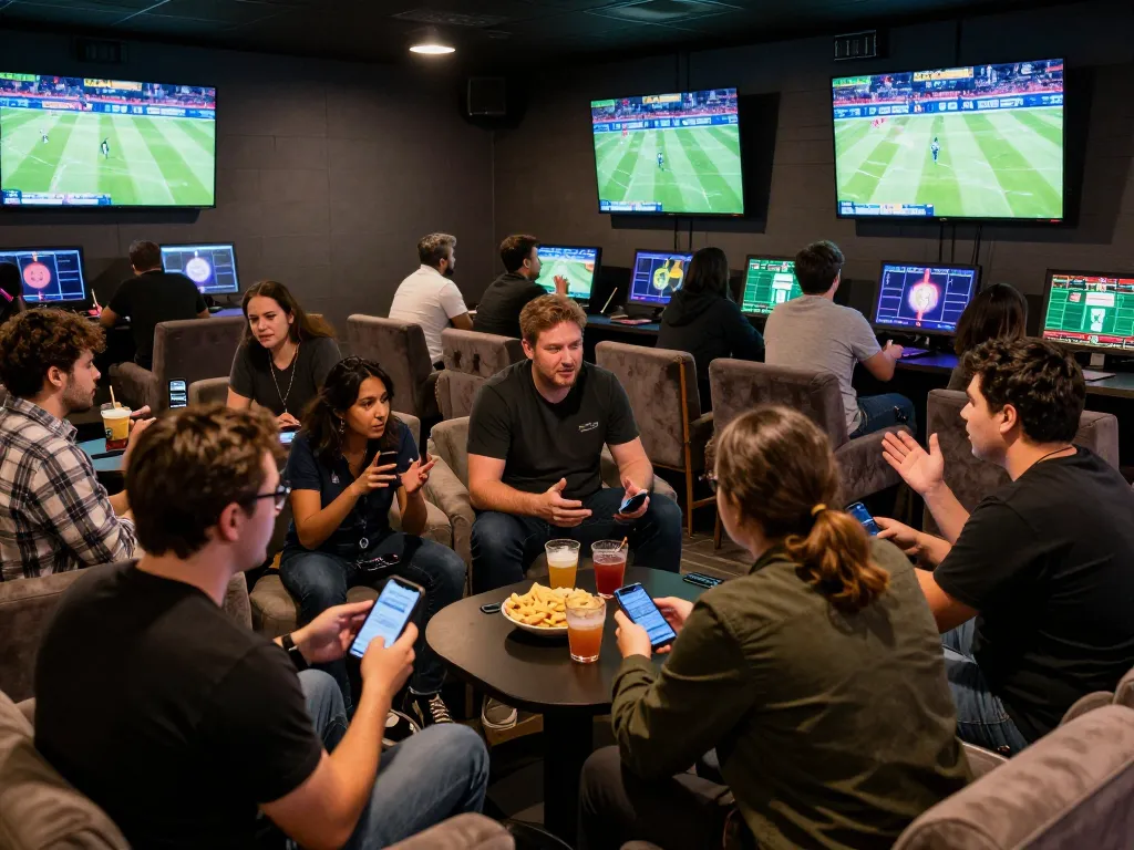 Soi kèo sports betting scene with excited players discussing game strategies and placing bets