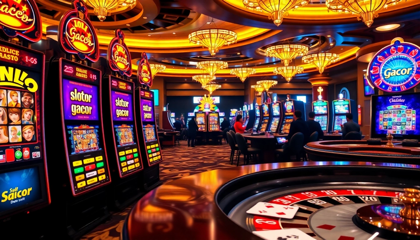 Experience thrilling gameplay with slot gacor demo in a luxurious casino setting filled with vibrant slot machines.