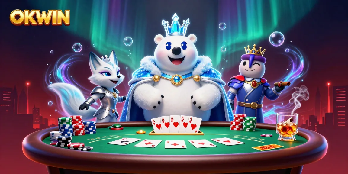 Experience thrilling gameplay at OKWIN with 3D polar bear and fox at a vibrant poker table.