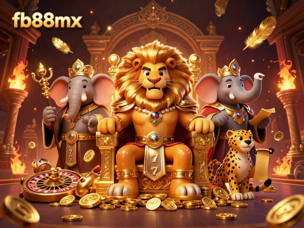 Experience thrilling action at fb88mx casino with a regal lion king, wise elephant, and swift cheetah amidst luxury gaming elements.
