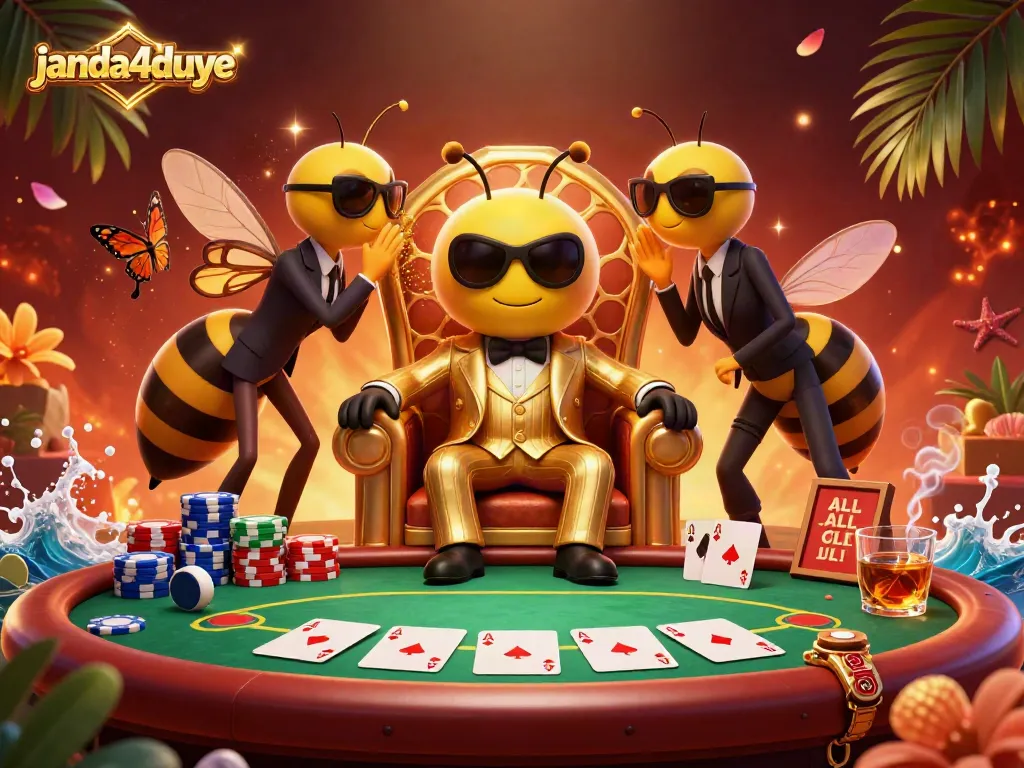 Visualisasi berwarna-warni Janda4duye dengan pahlawan kasino yang meriah, dikelilingi oleh elemen poker