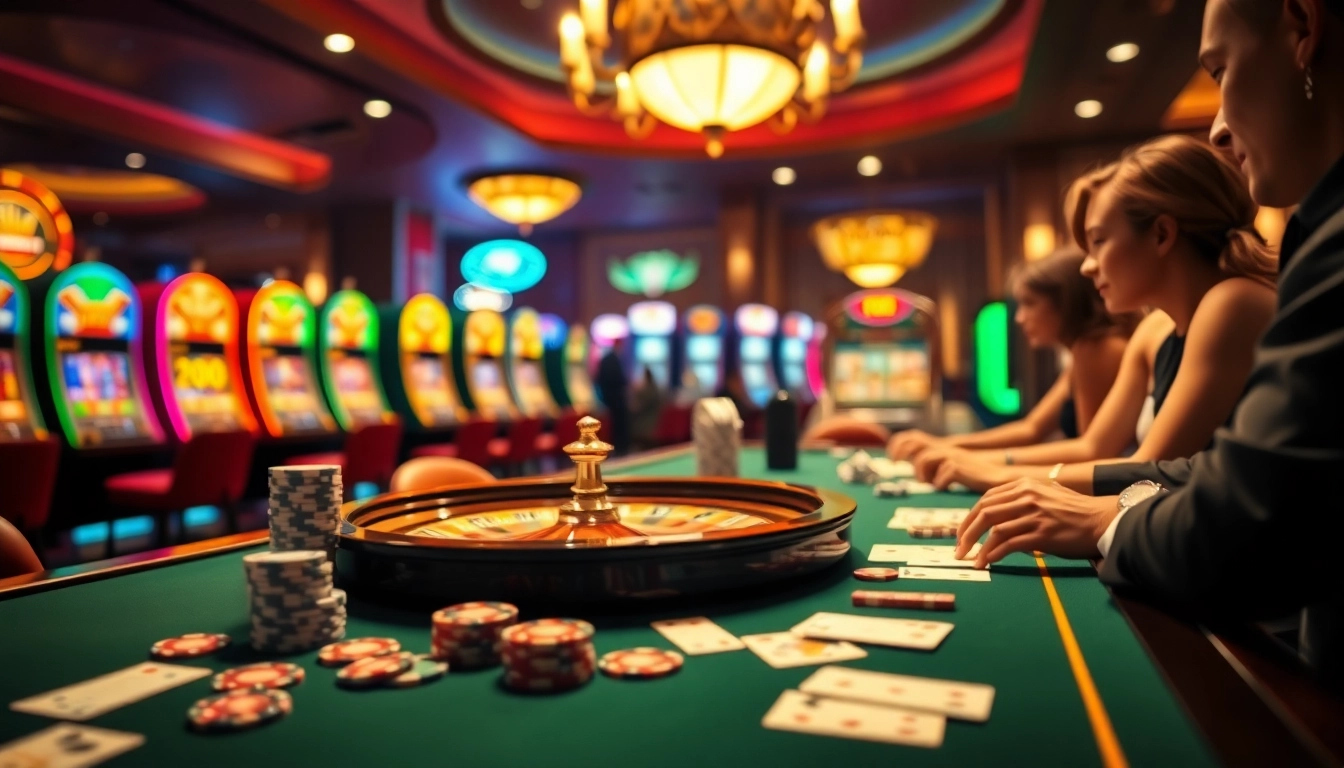 SODO66 casino scene with players enjoying poker and roulette in a luxurious setting.
