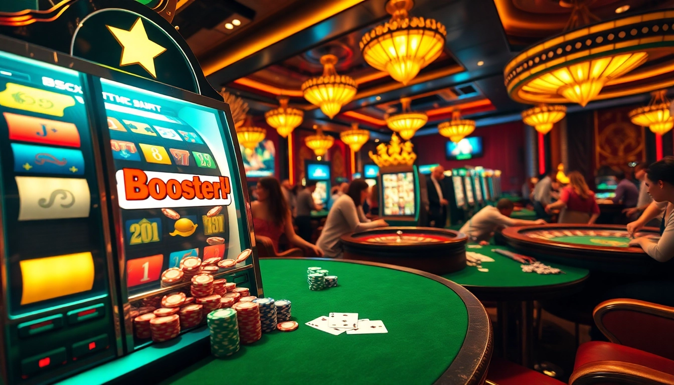 Players enjoying the excitement of Boosterjp online slot machines in a vibrant casino setting.