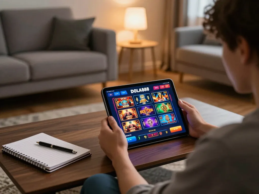 Engaging online gaming at DOLA88 with vibrant games displayed on a tablet in a cozy living room