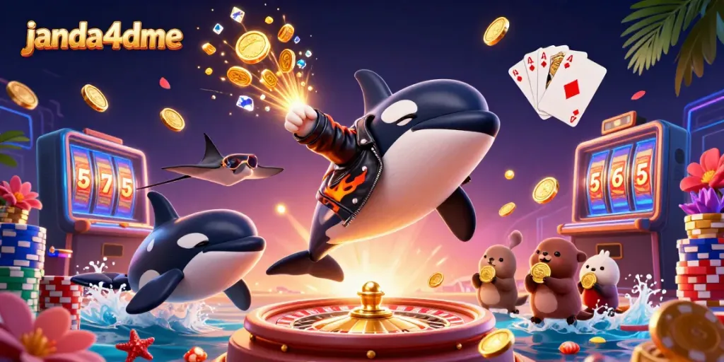 Gambar 3D berwarna cerah menampilkan karakter orca, stingray, dan berang-berang laut di dunia kasino janda4dme.
