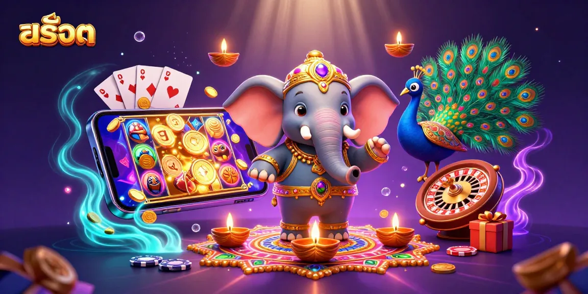Play engaging สล็อต games with a vibrant scene of an ornate elephant, peacock, and exciting casino elements.
