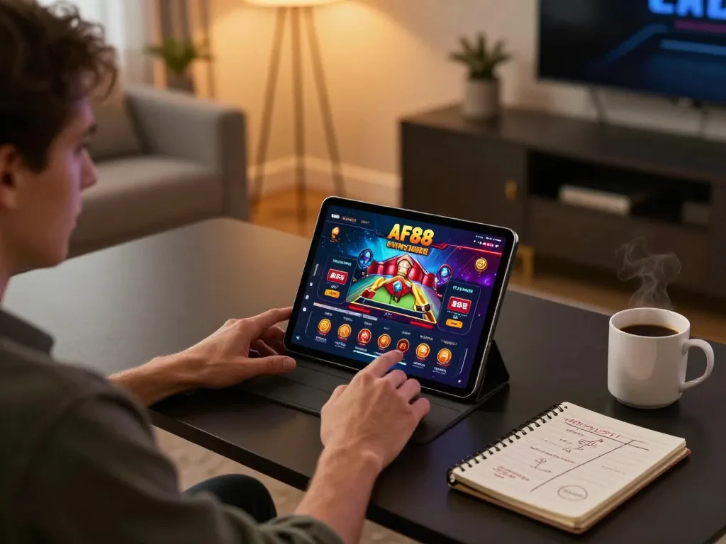 Engaging with AF88 online casino on a tablet, showcasing strategic gameplay in a stylish home setup