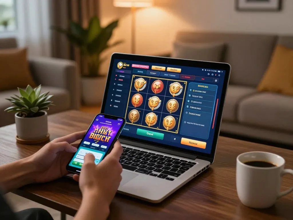 Engaging slot toto game experience on laptop at a cozy home setup with strategic notes.