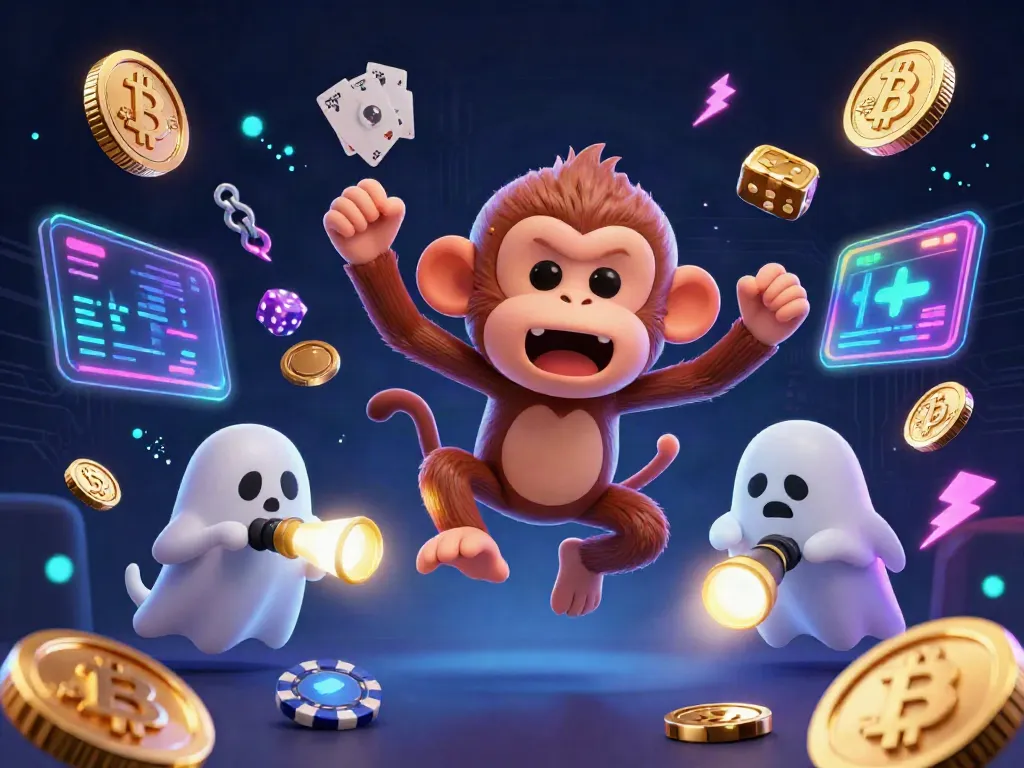 Engage with rummy time in this dynamic 3D scene featuring a mischievous monkey juggling in a haunted casino.