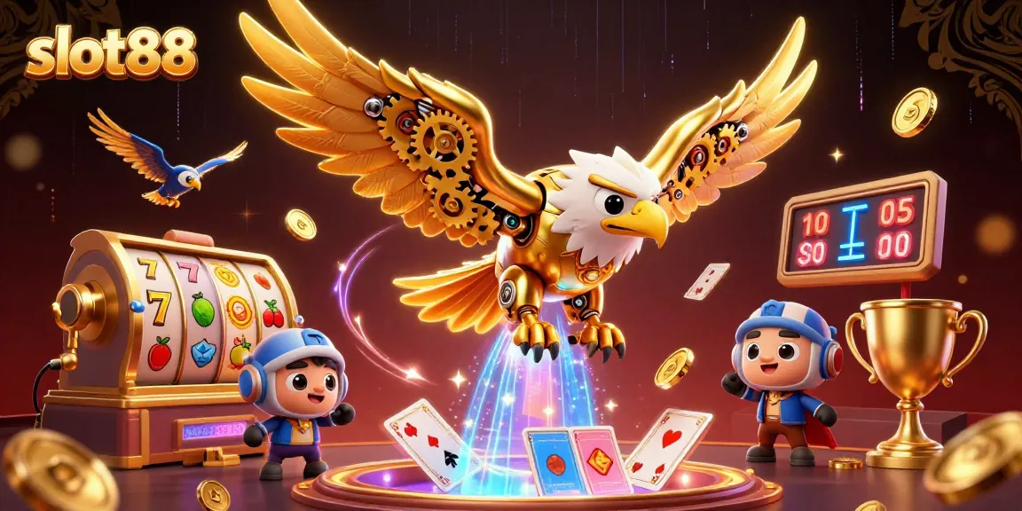 Experience thrilling gameplay with slot88 featuring a cybernetic eagle amidst jackpot symbols and casino excitement.