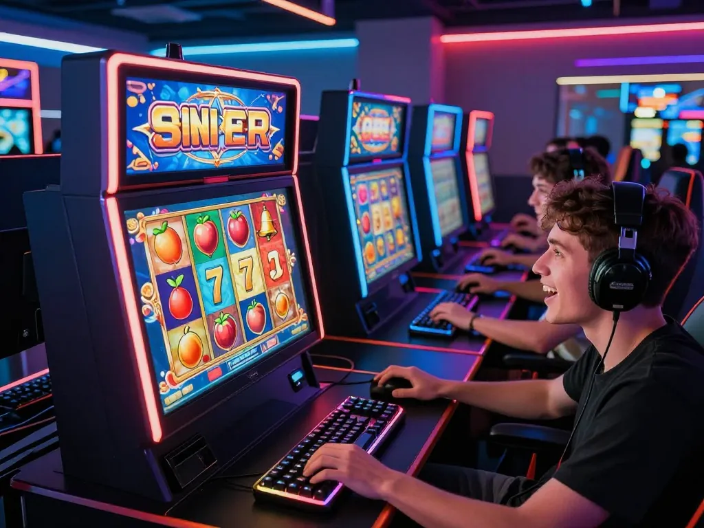 Suasana permainan yang menarik menampilkan pemain slot gacor online yang berinteraksi dengan mesin slot berwarna-warni.