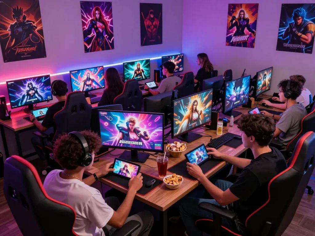 Group enjoying a variety of sex games in a lively gaming lounge environment.