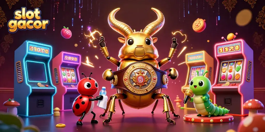 Engage with slot gacor action through a dynamic illustration featuring vibrant characters and exciting game elements.
