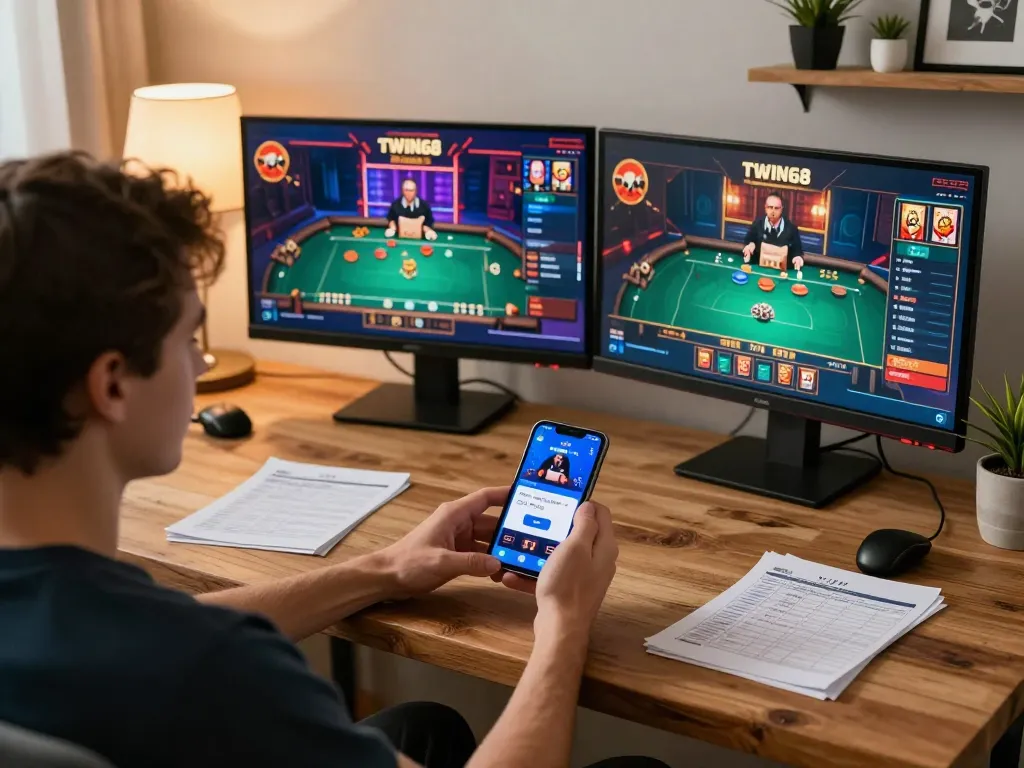 TWIN68 player strategizing on a smartphone, showcasing engaging online gaming experience and responsible gambling practices.